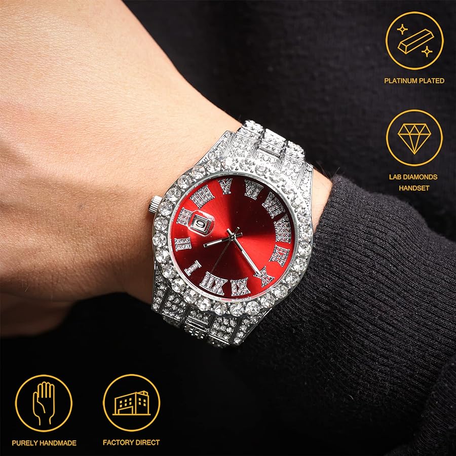 Luxury Diamond Iced out watch Round Dial Red Colour