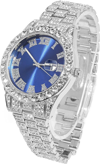 Luxury Diamond Iced out watch Round Dial Blue colour
