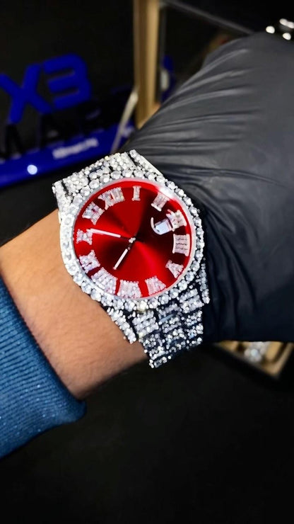 Luxury Diamond Iced out watch Round Dial  Red Colour