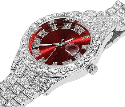 Luxury Diamond Iced out watch Round Dial  Red Colour